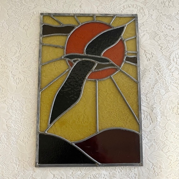 Stained Glass Art Flying Sea Bird At Sunset Rectangular Handmade